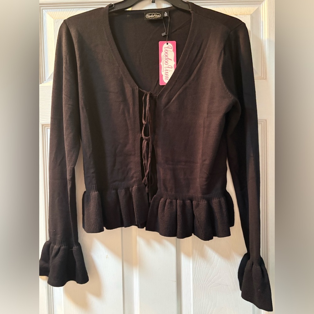 Voodoo Vixen Black Tie Ruffle Cardigan NWT Black XL